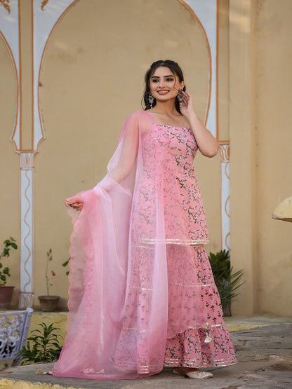 Pink Printed Cotton Backless Sharara Set