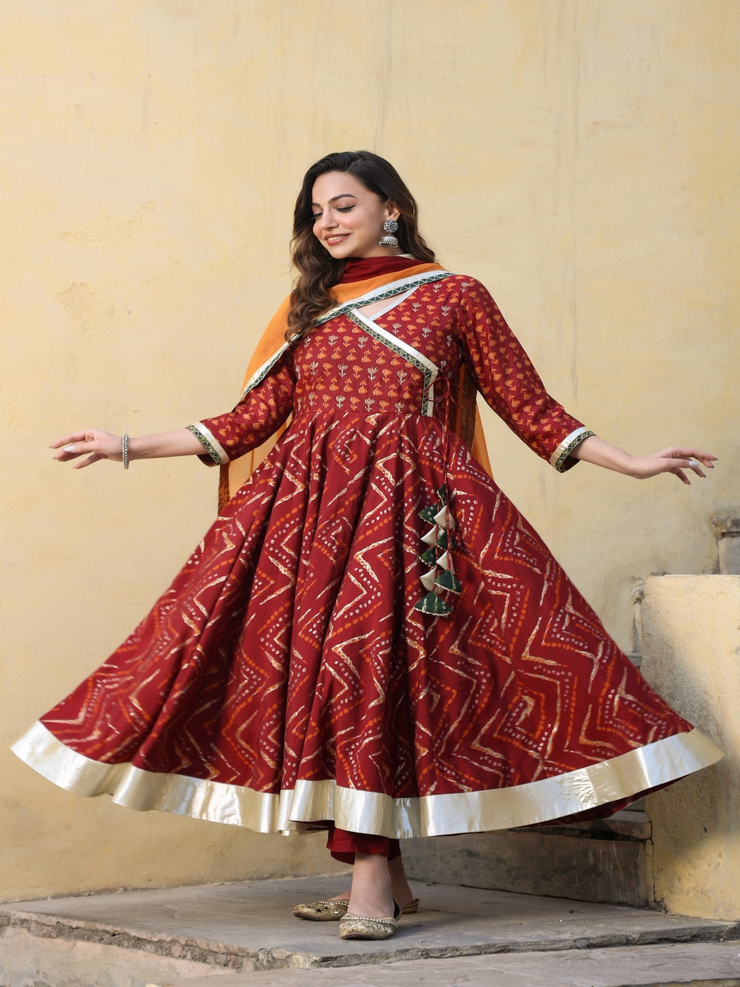 Angrakha Chanderi Maroon Anarkali Suit Set