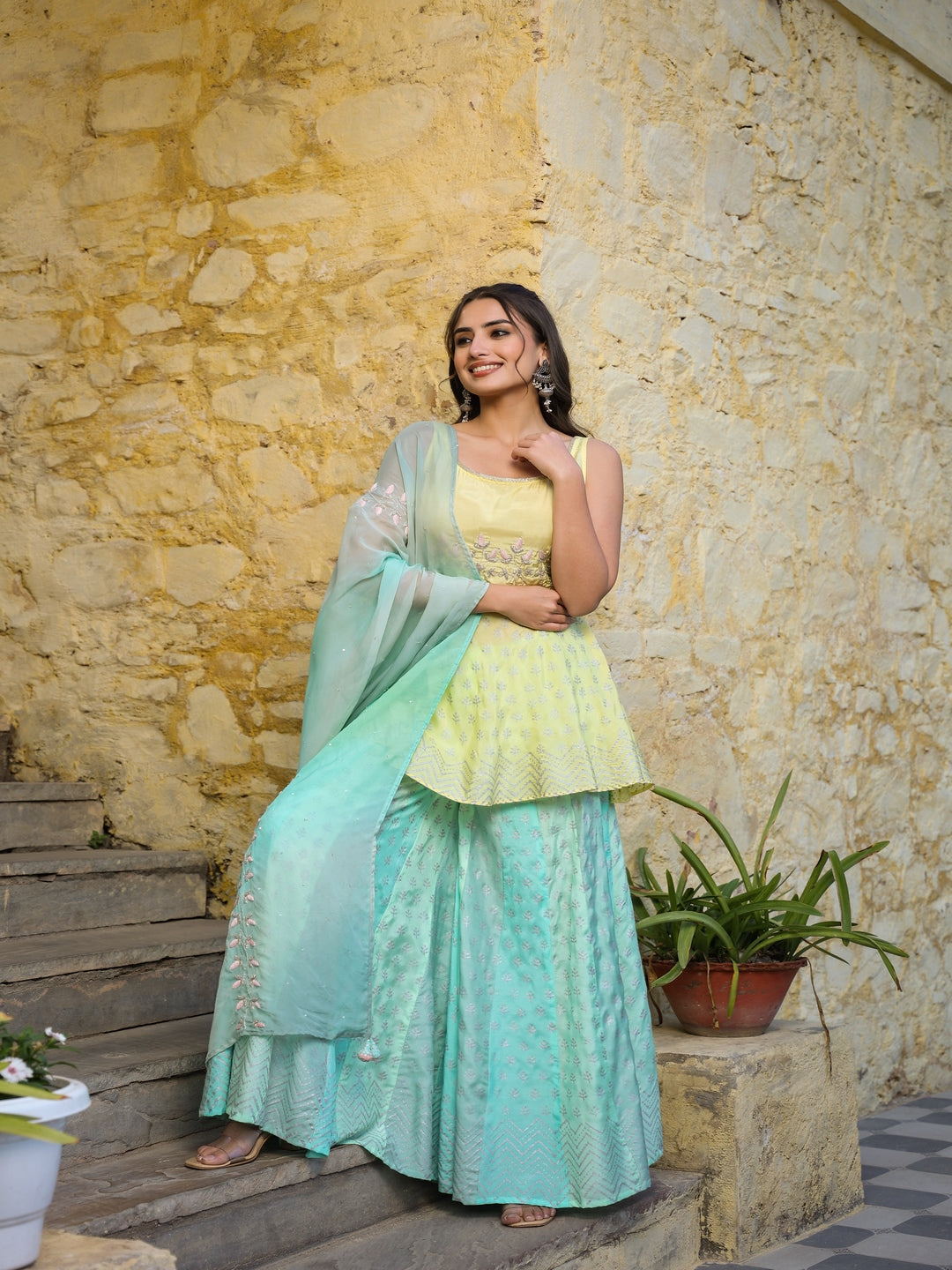 Yellow Muslin Sharara Set