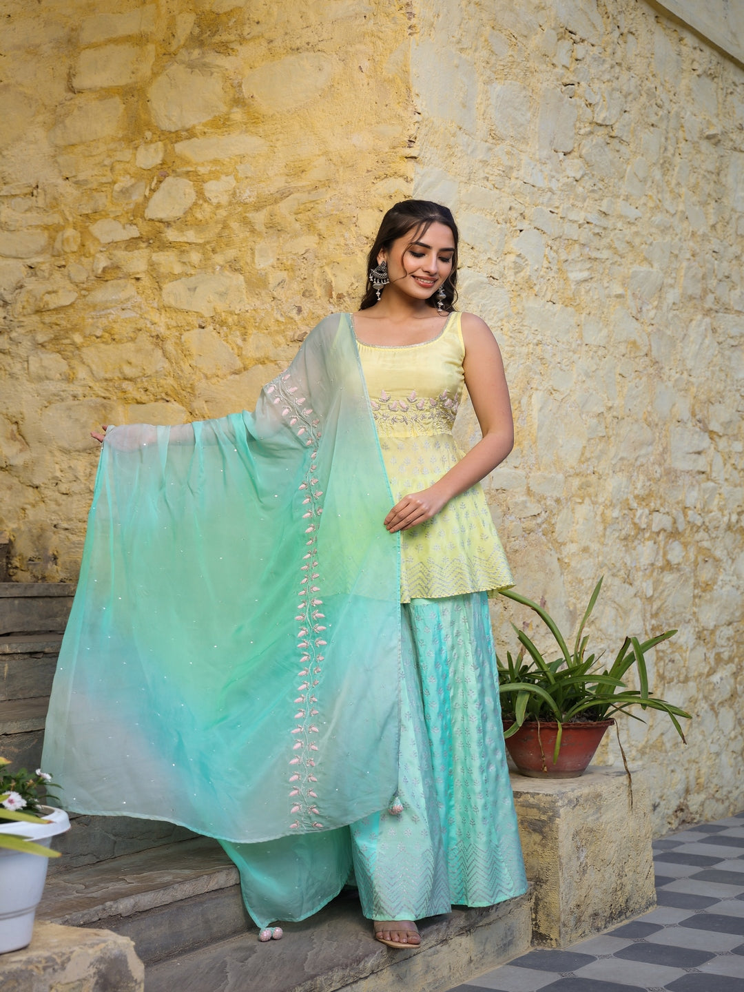 Yellow Muslin Sharara Set