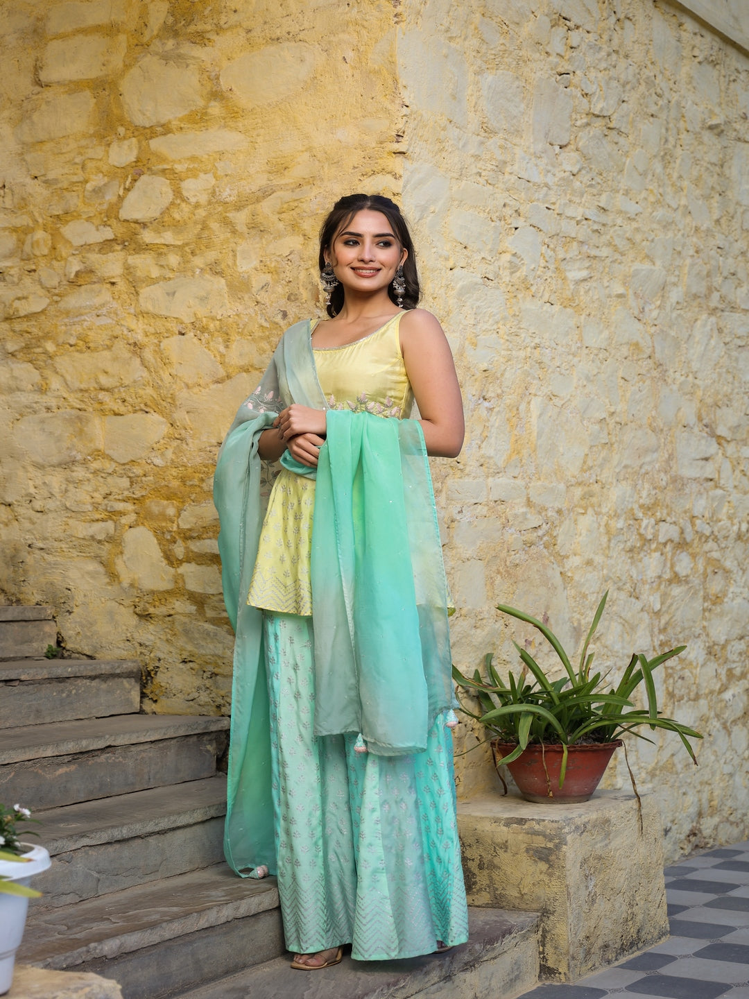 Yellow Muslin Sharara Set