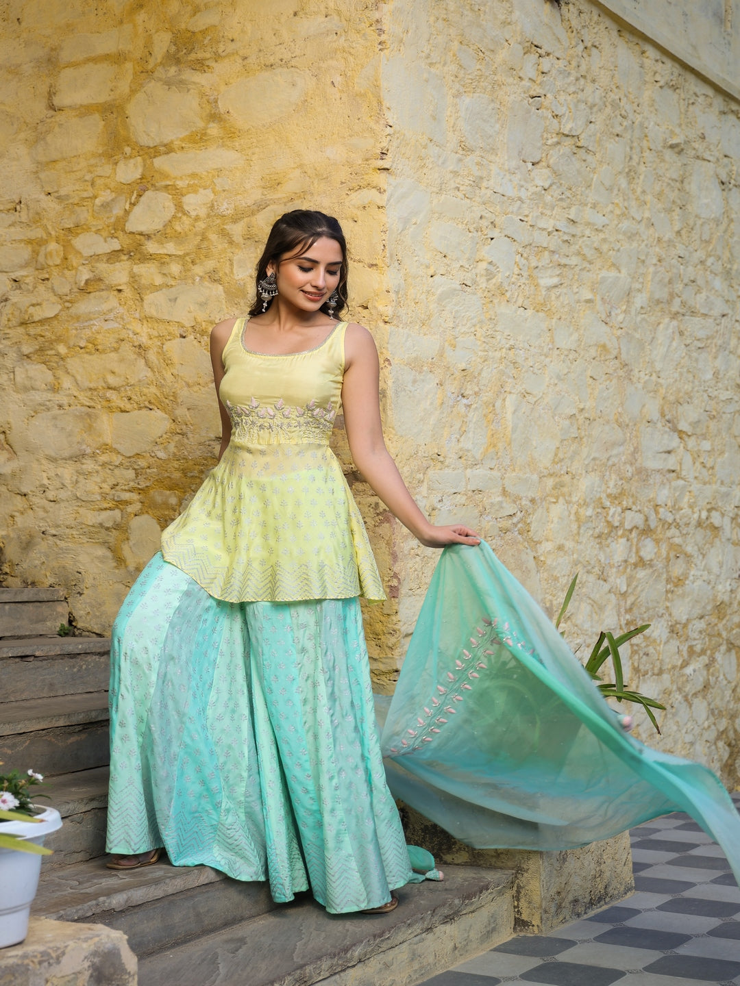 Yellow Muslin Sharara Set