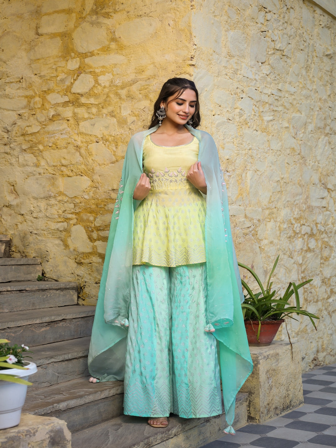 Yellow Muslin Sharara Set