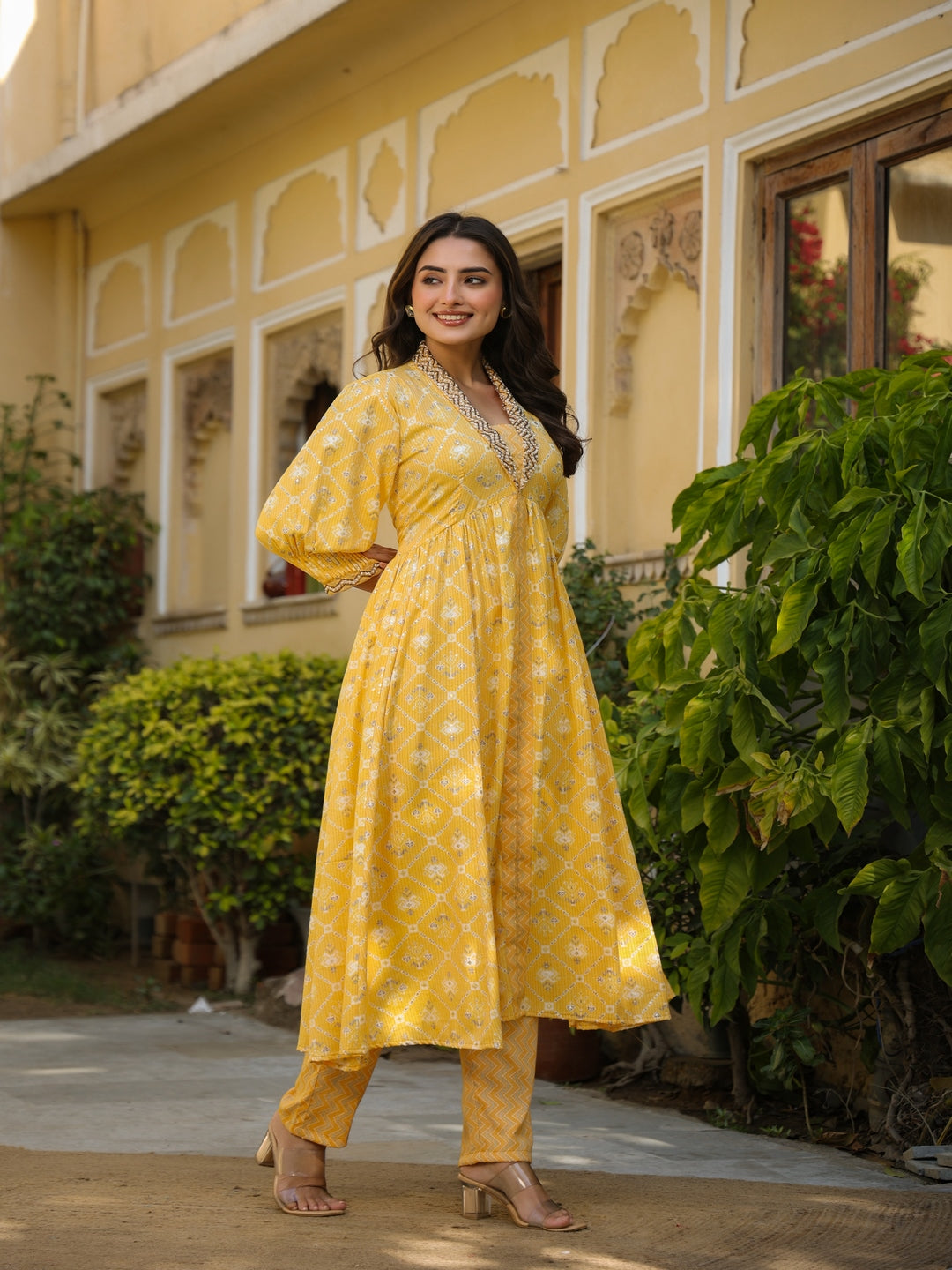 Flared Rayon Yellow Suit Set