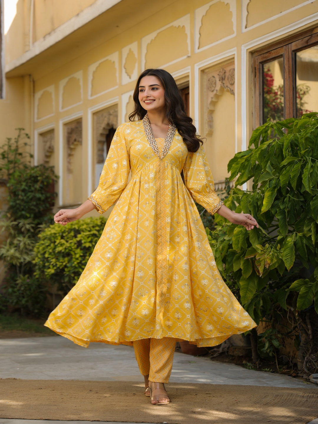 Flared Rayon Yellow Suit Set