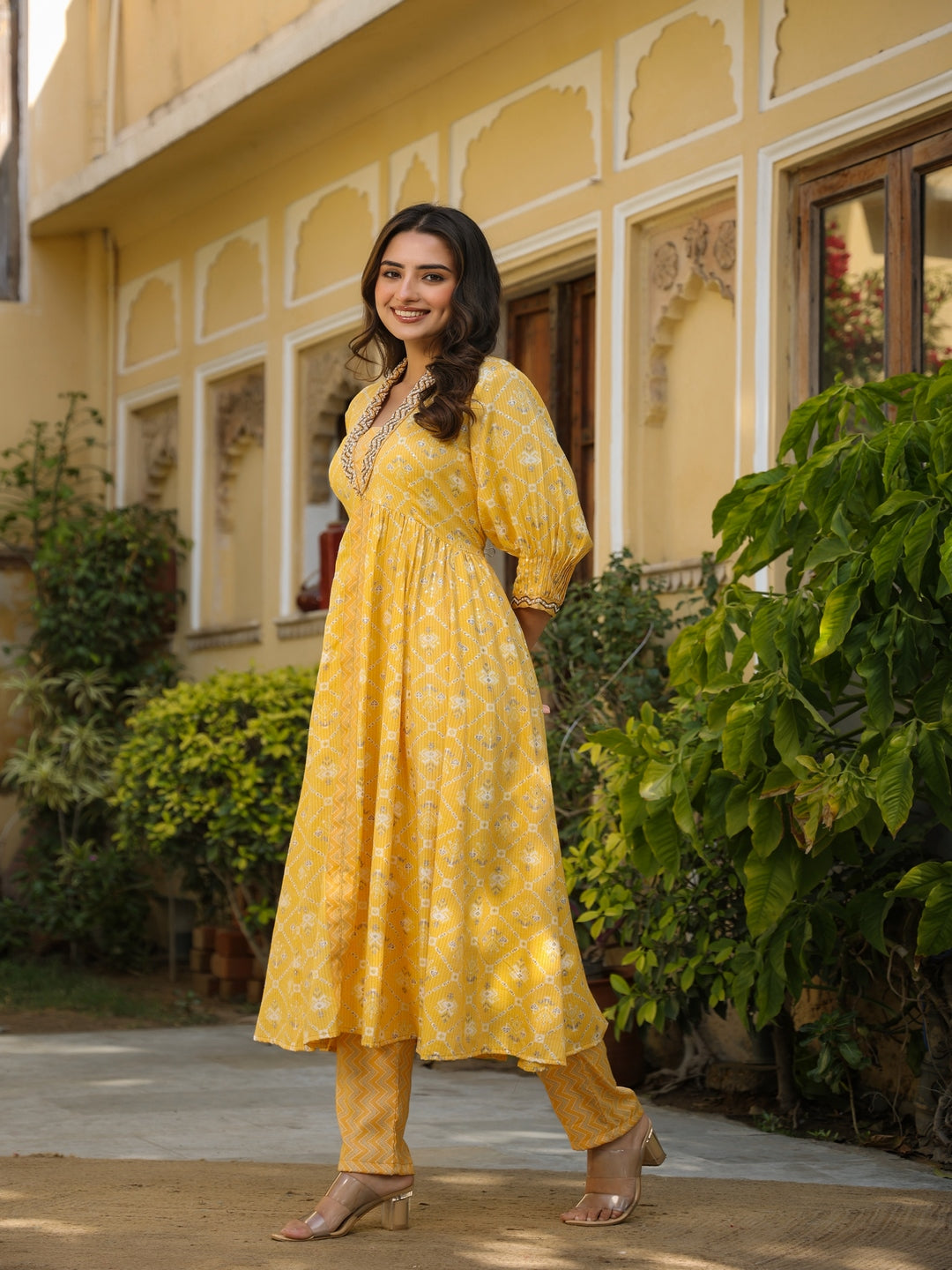 Flared Rayon Yellow Suit Set