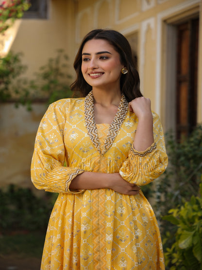 Flared Rayon Yellow Suit Set