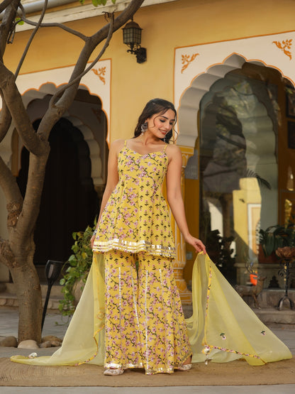 Yellow  Printed Cotton Sharara Set