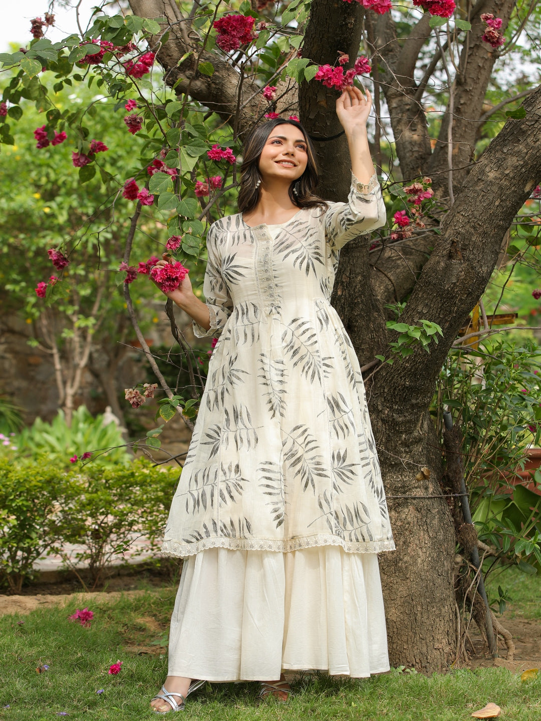 White Magnolia Printed Kurta Shrug Set