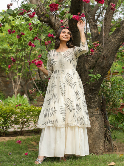 White Magnolia Printed Kurta Shrug Set