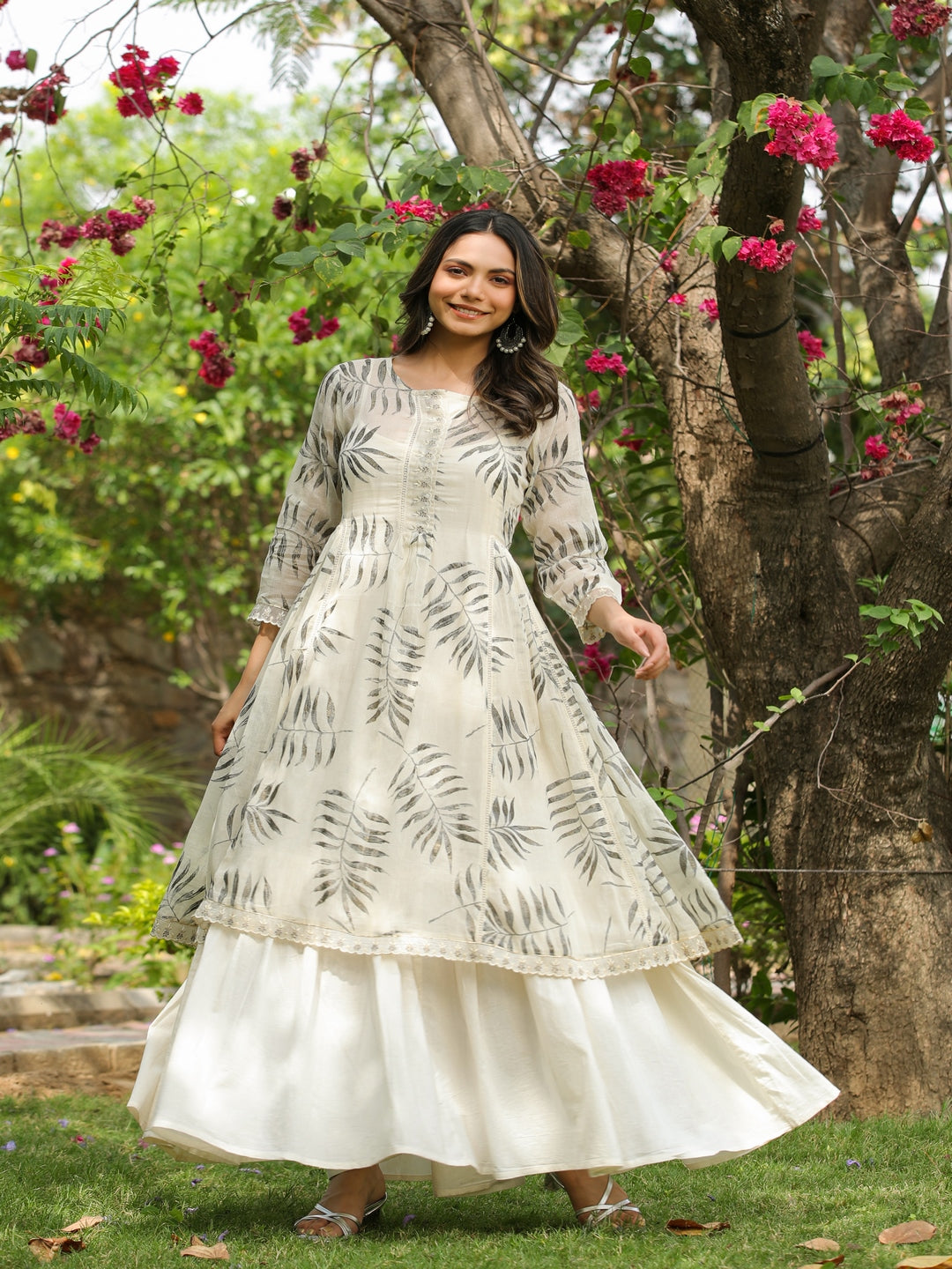 White Magnolia Printed Kurta Shrug Set