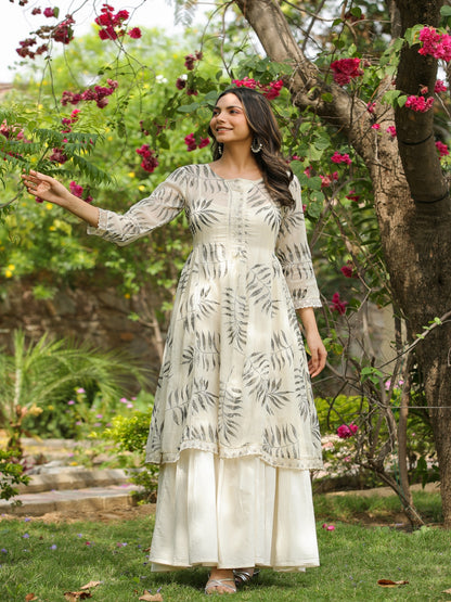 White Magnolia Printed Kurta Shrug Set