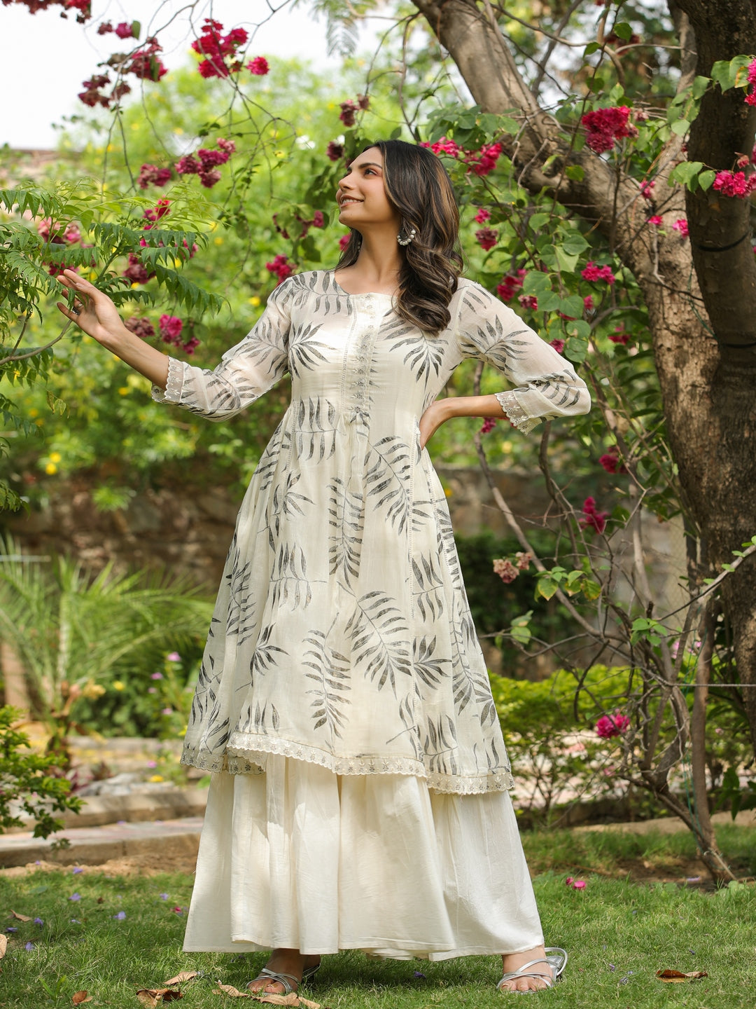 White Magnolia Printed Kurta Shrug Set