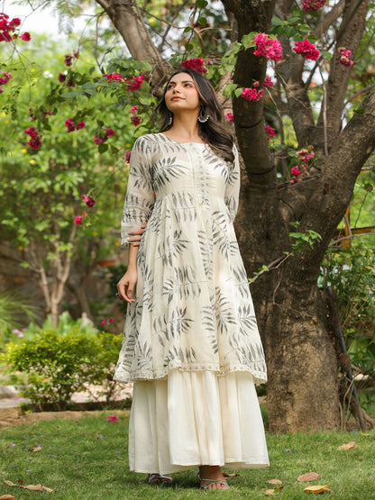 White Magnolia Printed Kurta Shrug Set