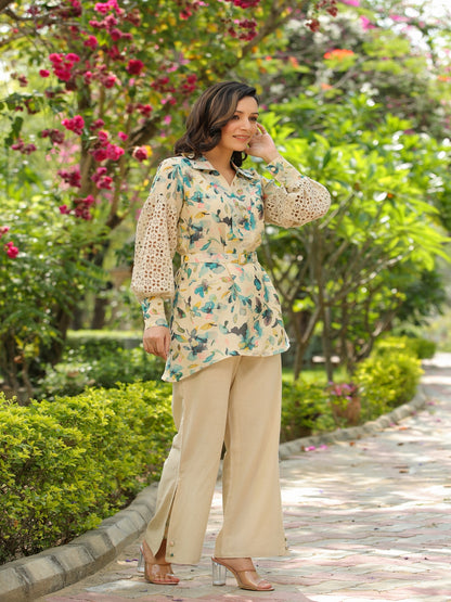 Beige Schiffli Printed Viscose Cord Set