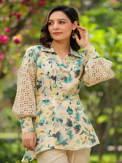 Beige Schiffli Printed Viscose Cord Set