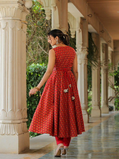 Red Tulip Umbrella Cotton Kurta Set