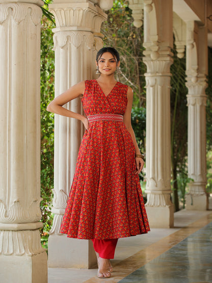Red Tulip Umbrella Cotton Kurta Set