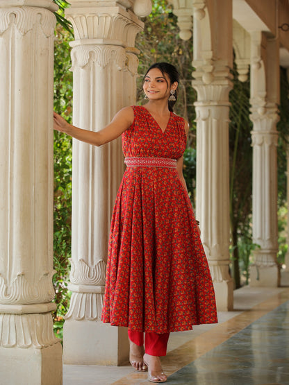 Red Tulip Umbrella Cotton Kurta Set