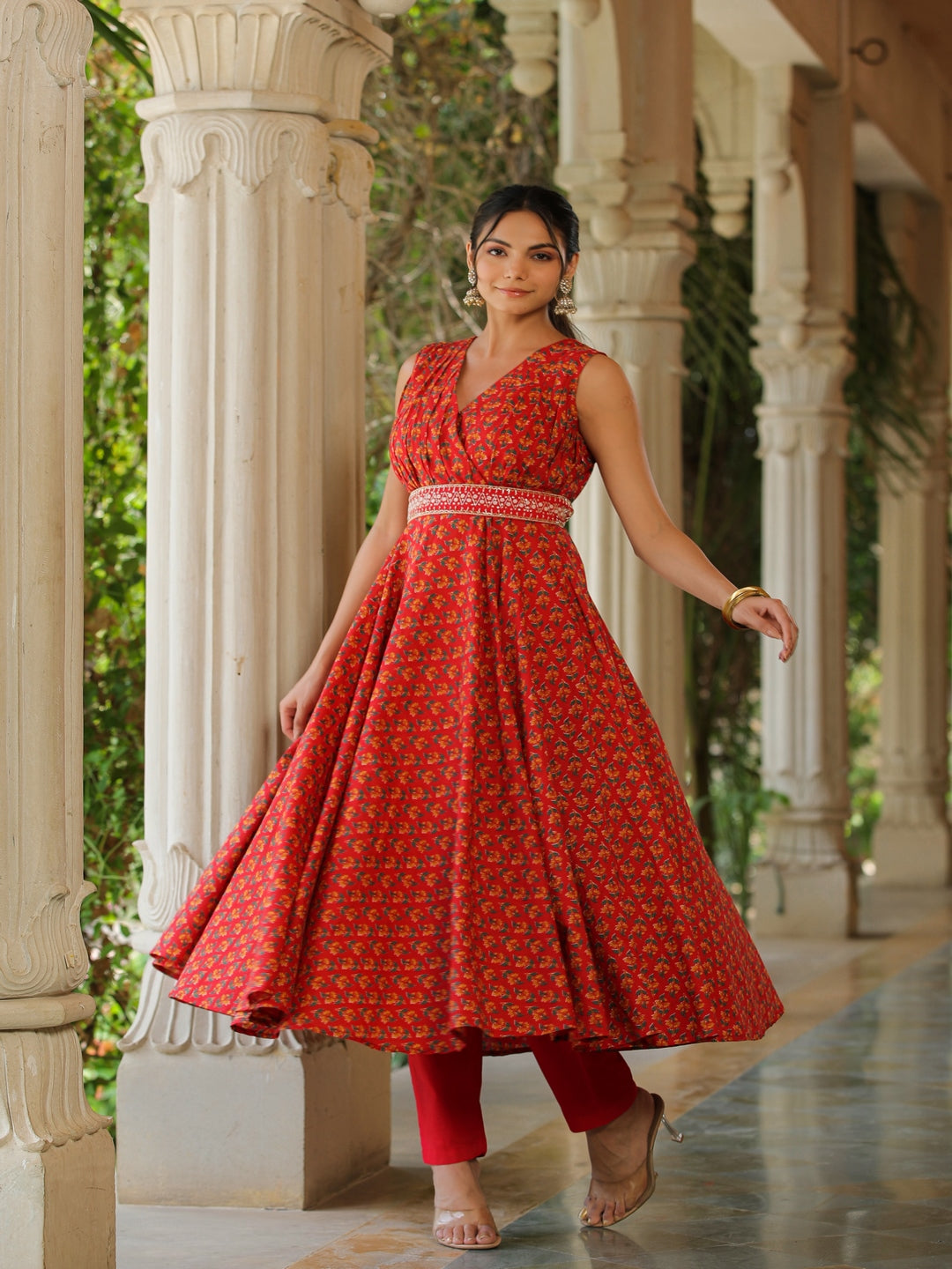 Red Tulip Umbrella Cotton Kurta Set