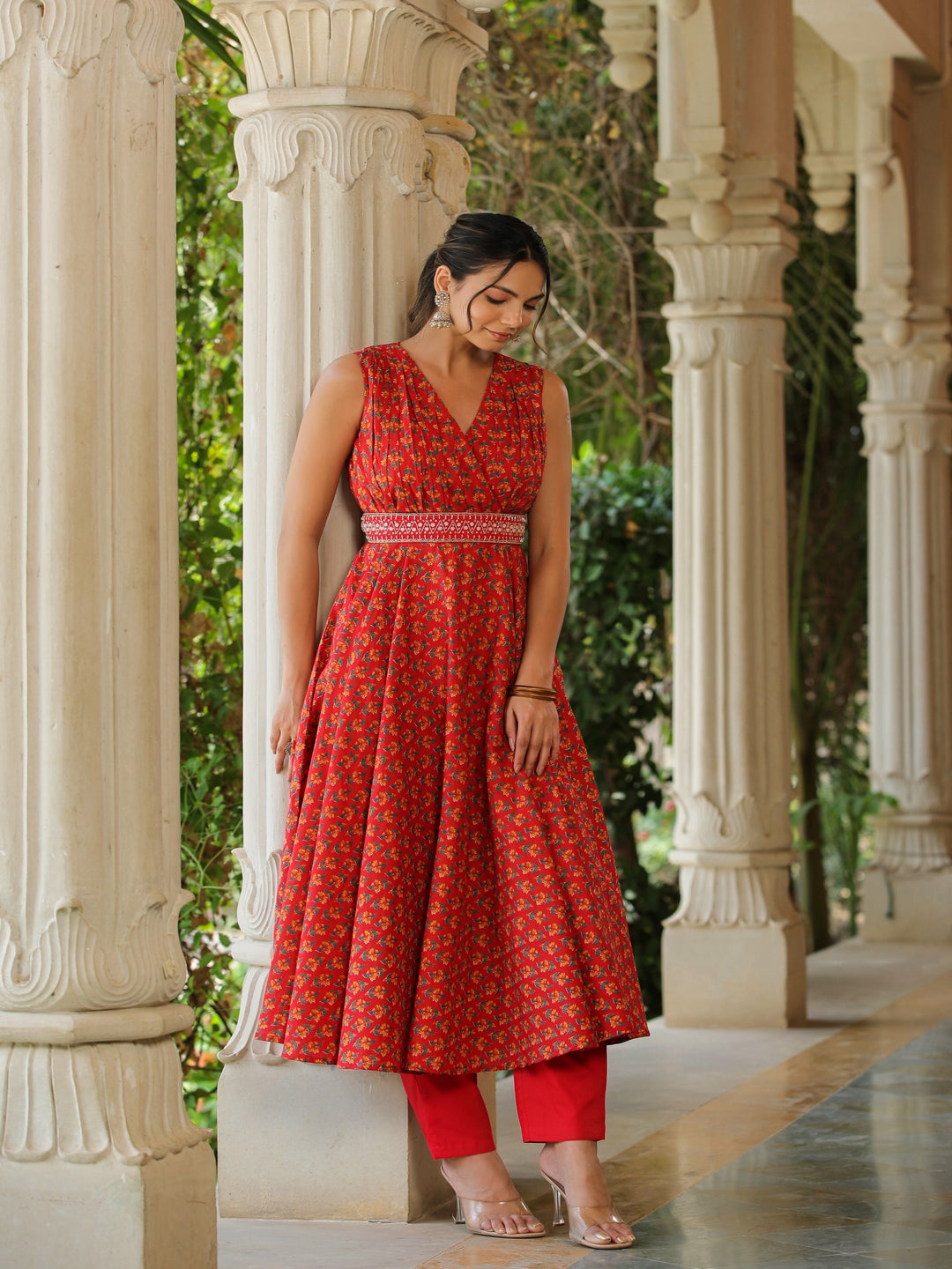 Red Tulip Umbrella Cotton Kurta Set