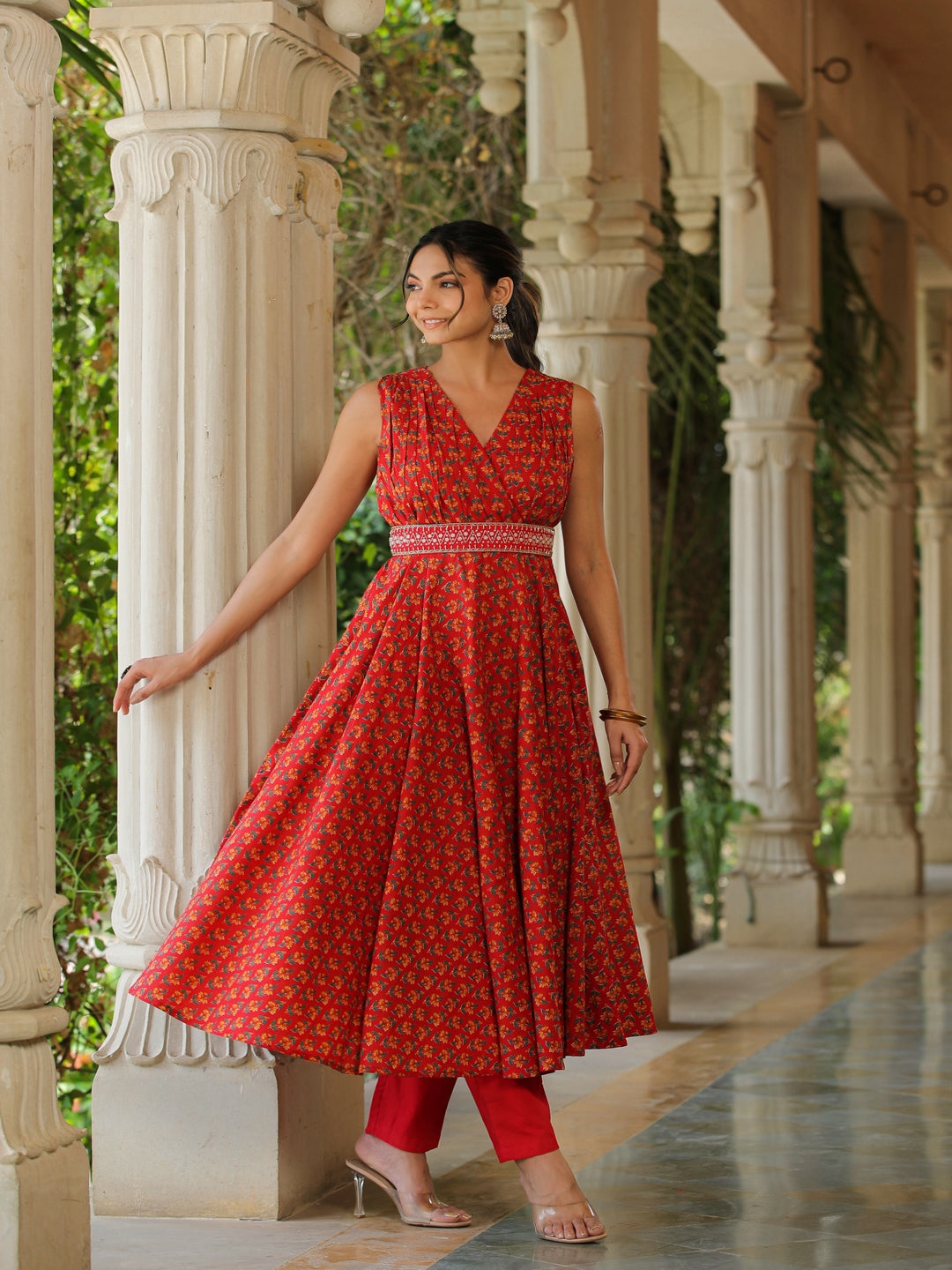 Red Tulip Umbrella Cotton Kurta Set