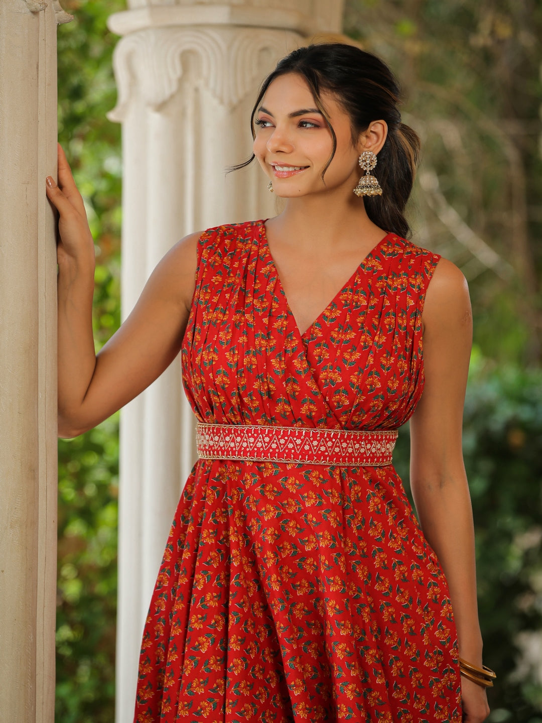 Red Tulip Umbrella Cotton Kurta Set