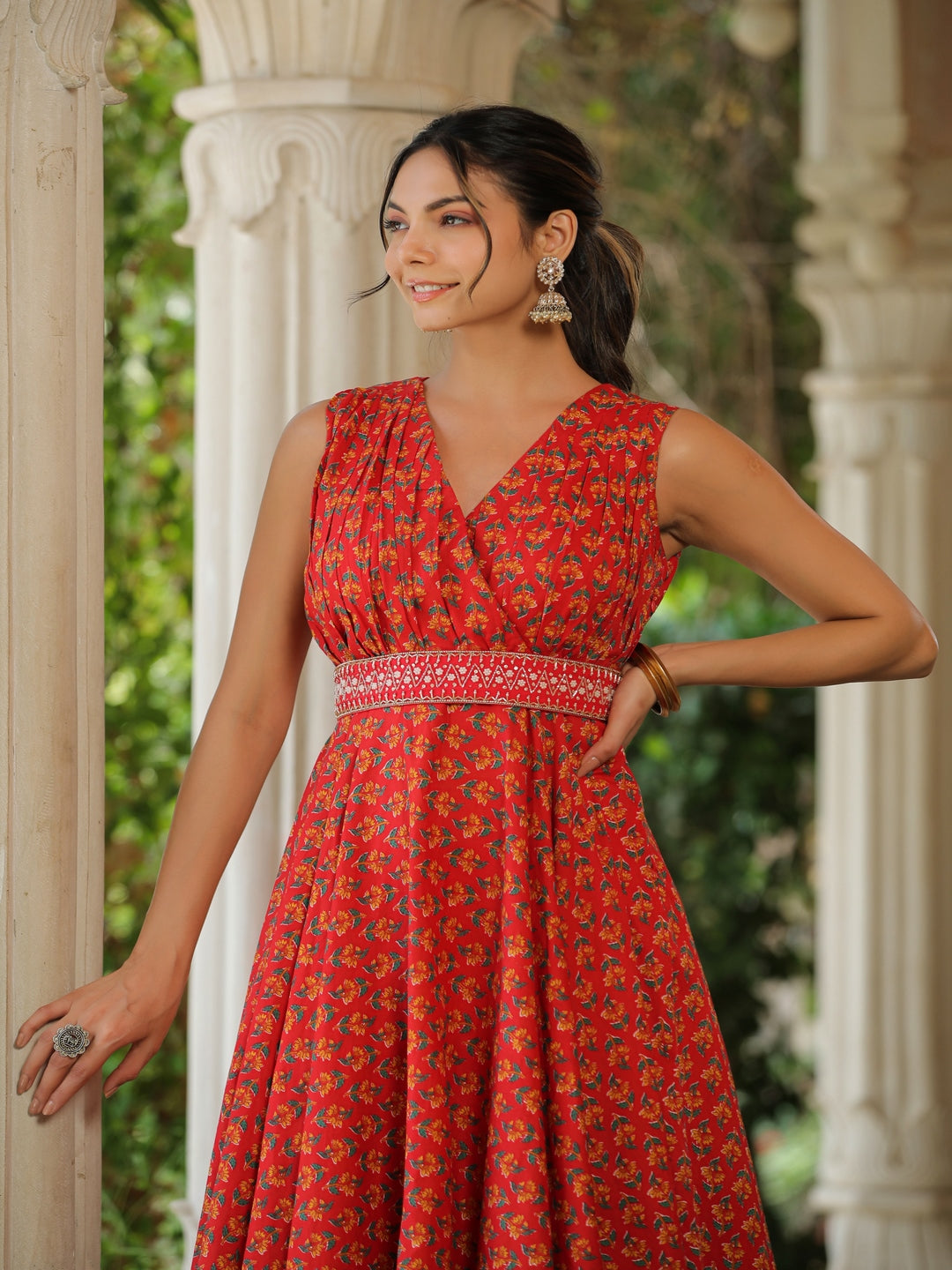 Red Tulip Umbrella Cotton Kurta Set