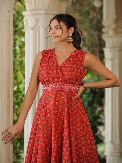 Red Tulip Umbrella Cotton Kurta Set