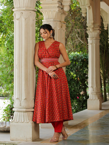 Red Tulip Umbrella Cotton Kurta Set