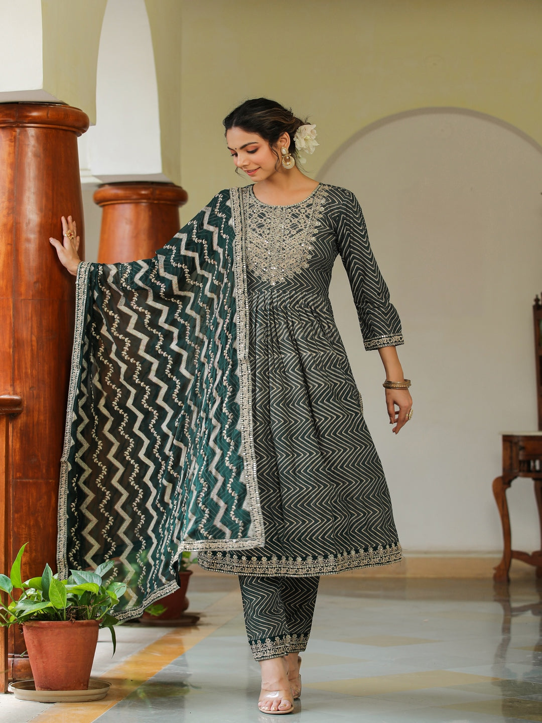 Calla Green Embroidered Rayon Suit Set