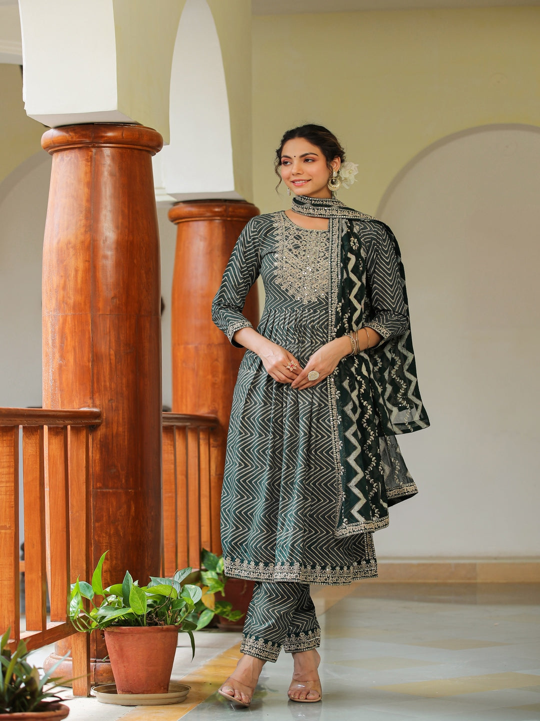 Calla Green Embroidered Rayon Suit Set