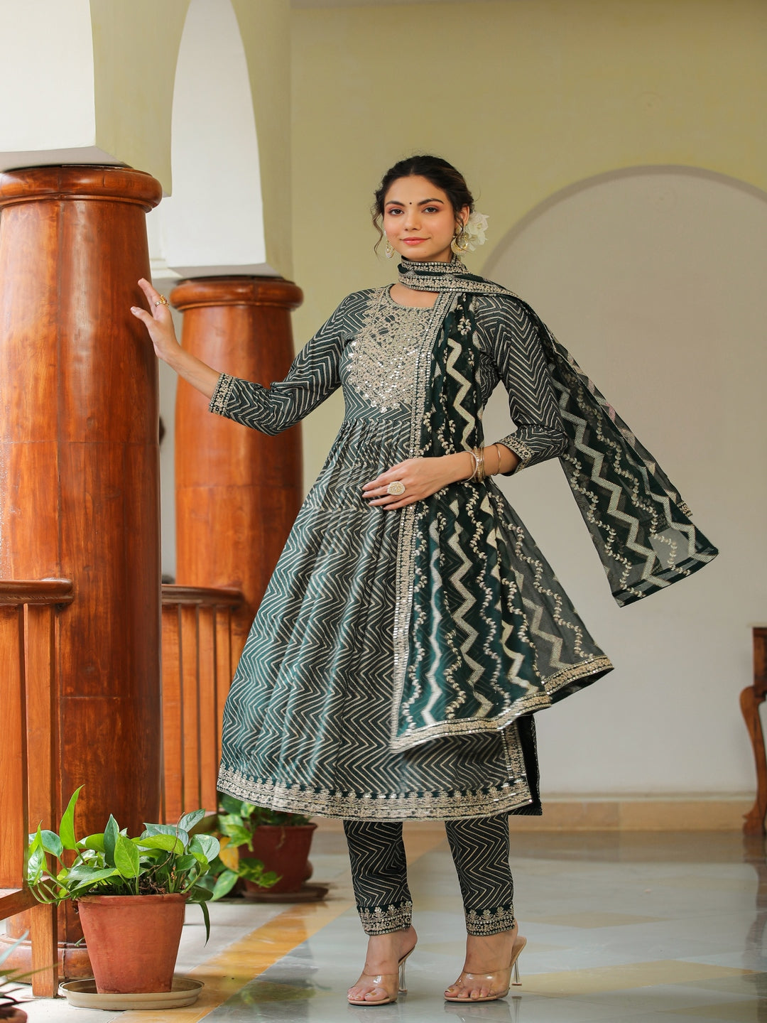 Calla Green Embroidered Rayon Suit Set