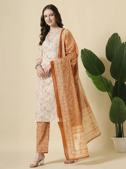 Rust Pure Cotton Paisley Thread Work Kurta Dupatta Pant Set