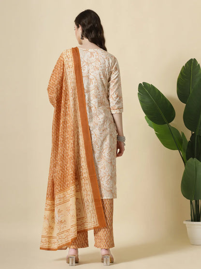 Rust Pure Cotton Paisley Thread Work Kurta Dupatta Pant Set