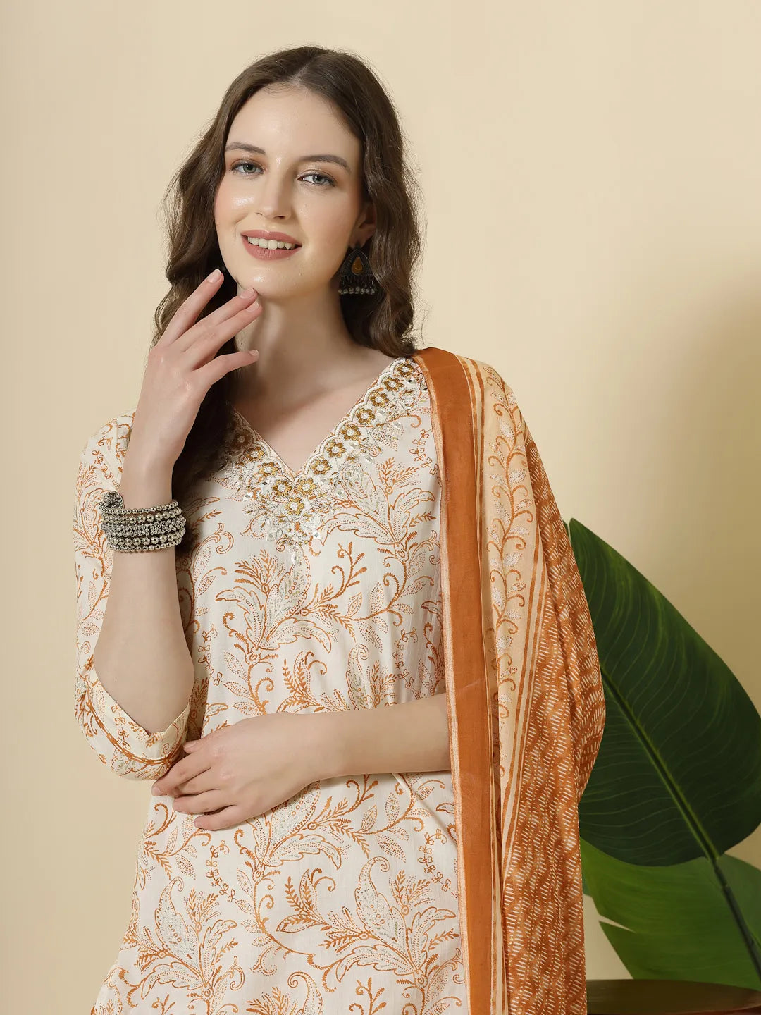 Rust Pure Cotton Paisley Thread Work Kurta Dupatta Pant Set