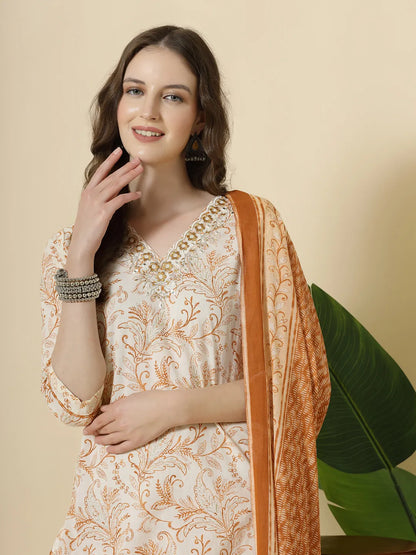 Rust Pure Cotton Paisley Thread Work Kurta Dupatta Pant Set
