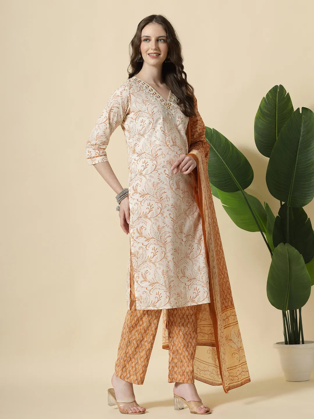 Rust Pure Cotton Paisley Thread Work Kurta Dupatta Pant Set