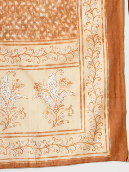 Rust Pure Cotton Paisley Thread Work Kurta Dupatta Pant Set