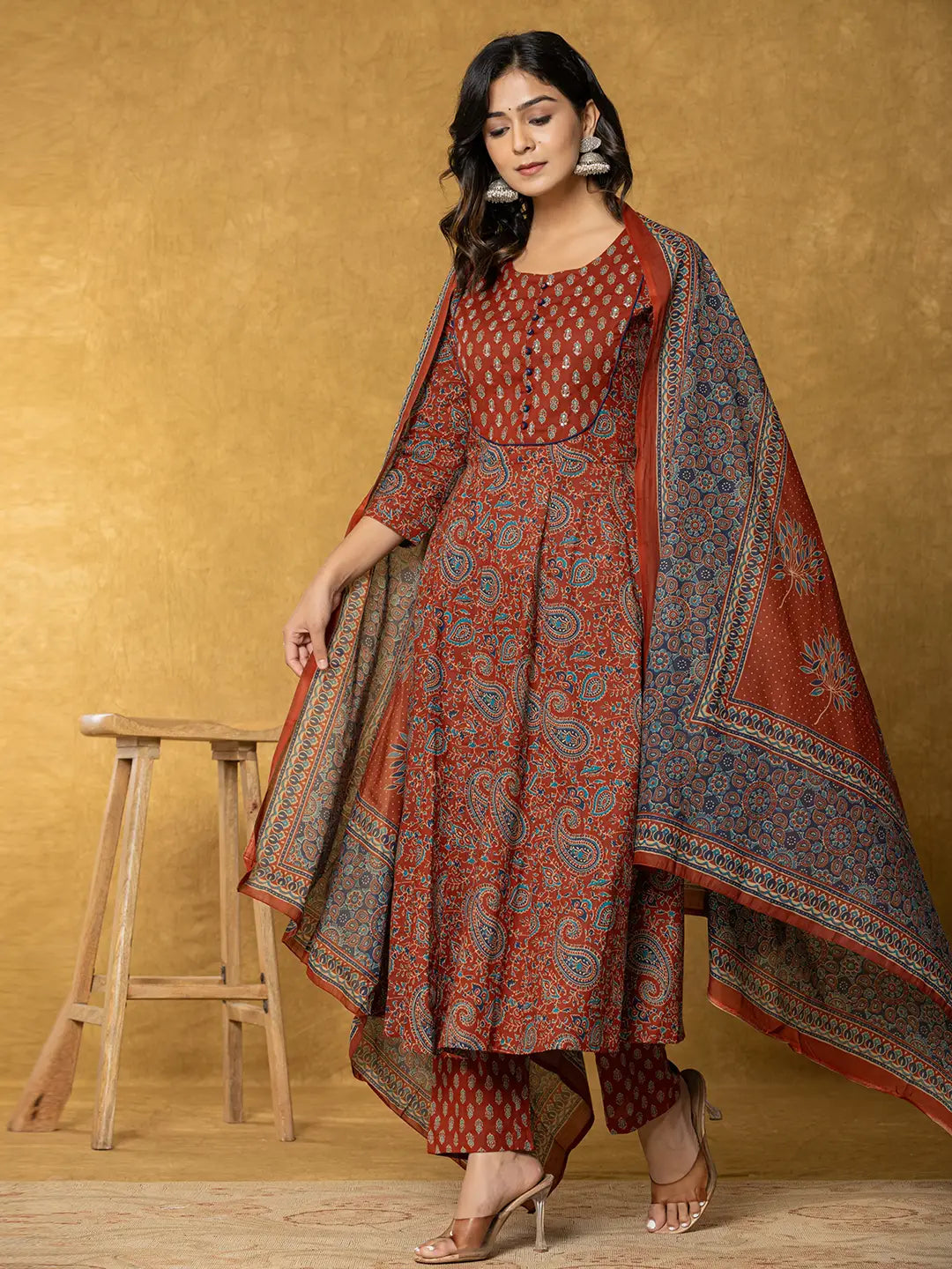 Sequins Work Cotton Anarkali Kurta Dupatta Set