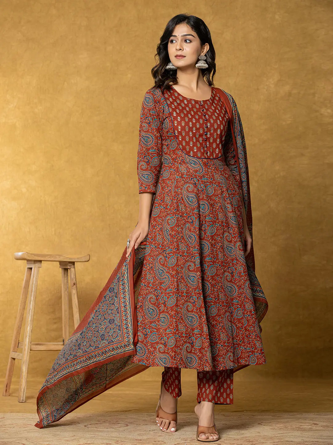 Sequins Work Cotton Anarkali Kurta Dupatta Set