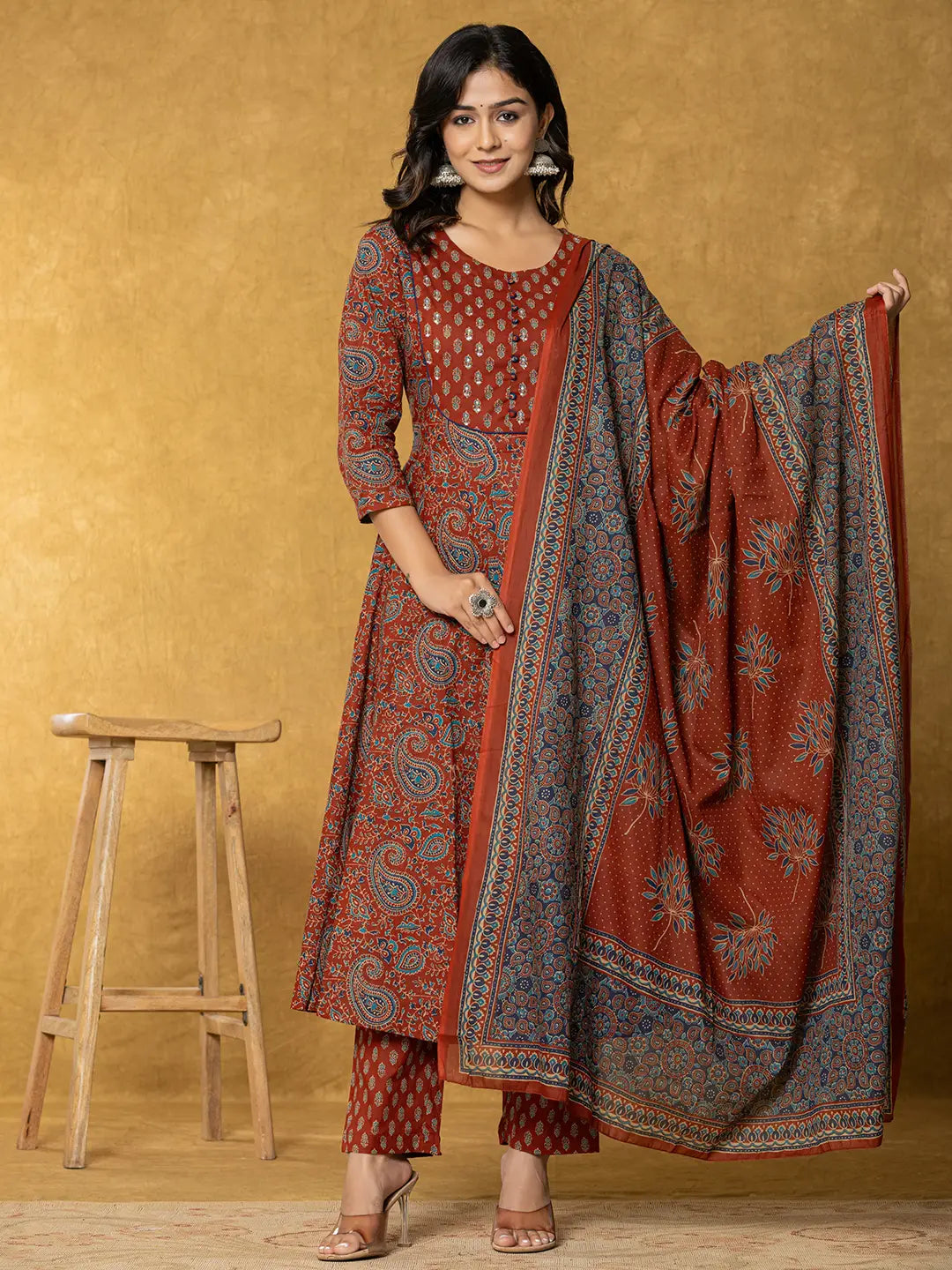 Sequins Work Cotton Anarkali Kurta Dupatta Set