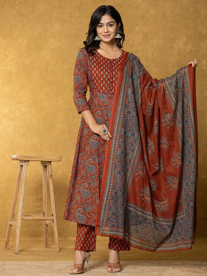 Sequins Work Cotton Anarkali Kurta Dupatta Set