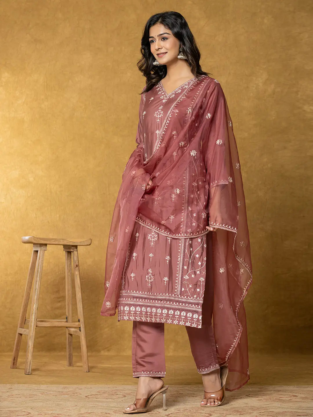 Rust Silk Kurta Dupatta Pant Set