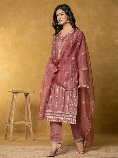 Rust Silk Kurta Dupatta Pant Set
