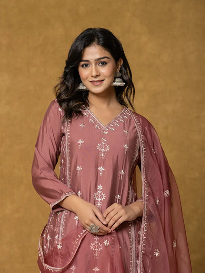 Rust Silk Kurta Dupatta Pant Set