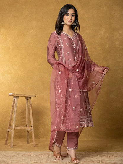 Rust Silk Kurta Dupatta Pant Set