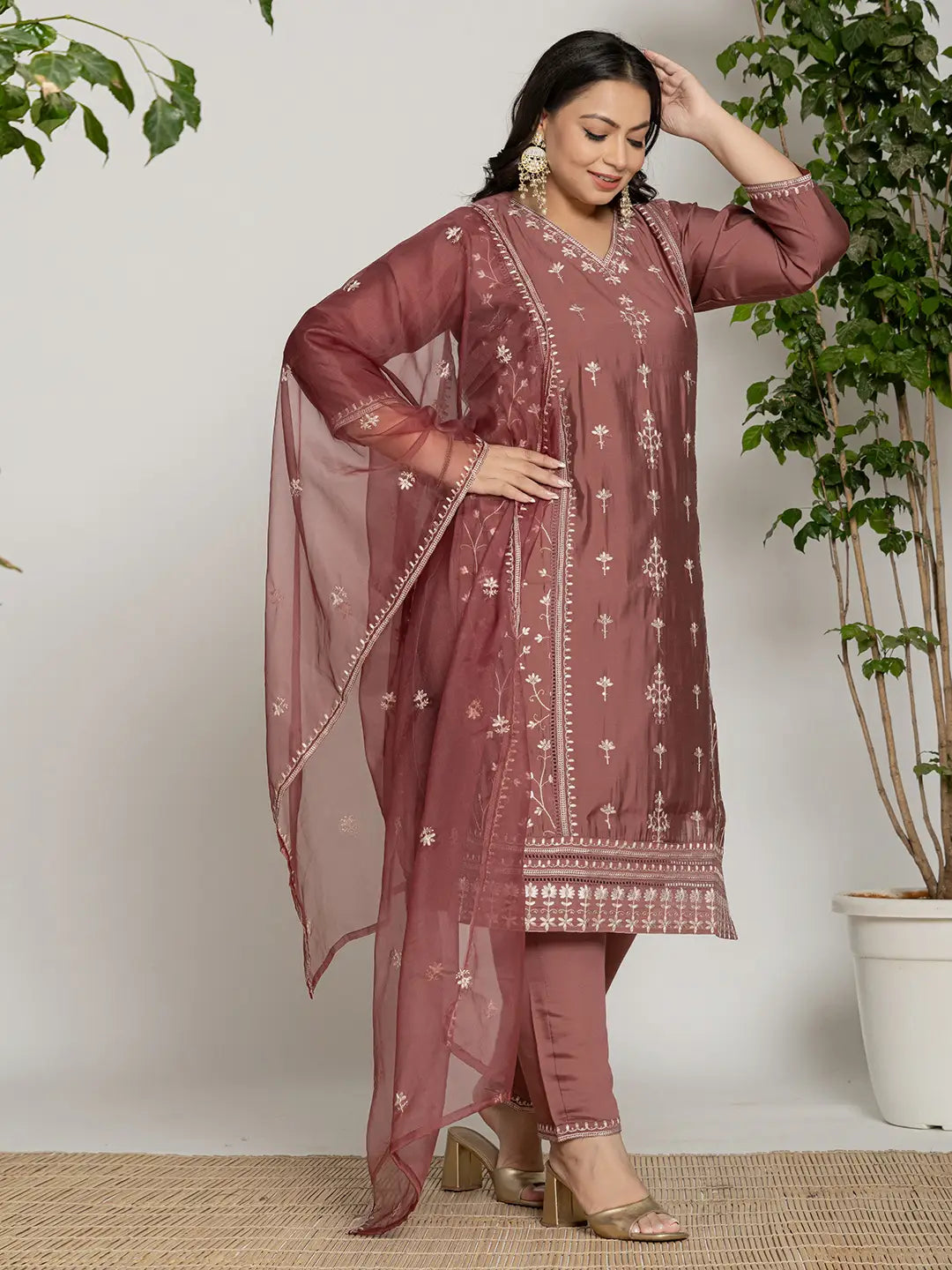 Rust Silk Plus Size Kurta Dupatta Pant Set