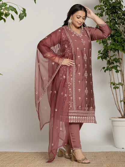 Rust Silk Plus Size Kurta Dupatta Pant Set