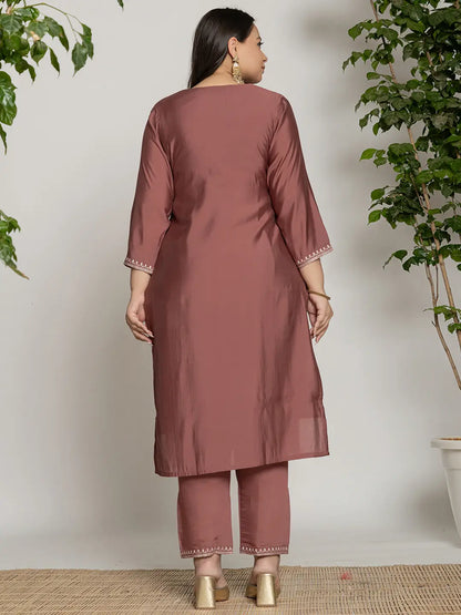 Rust Silk Plus Size Kurta Dupatta Pant Set